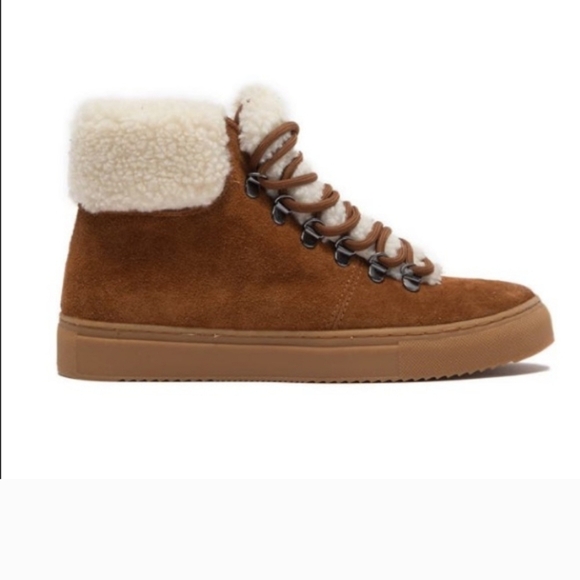 NEW Susina Zayva Suede Shearling Trim Sneaker Tan - Picture 3 of 6